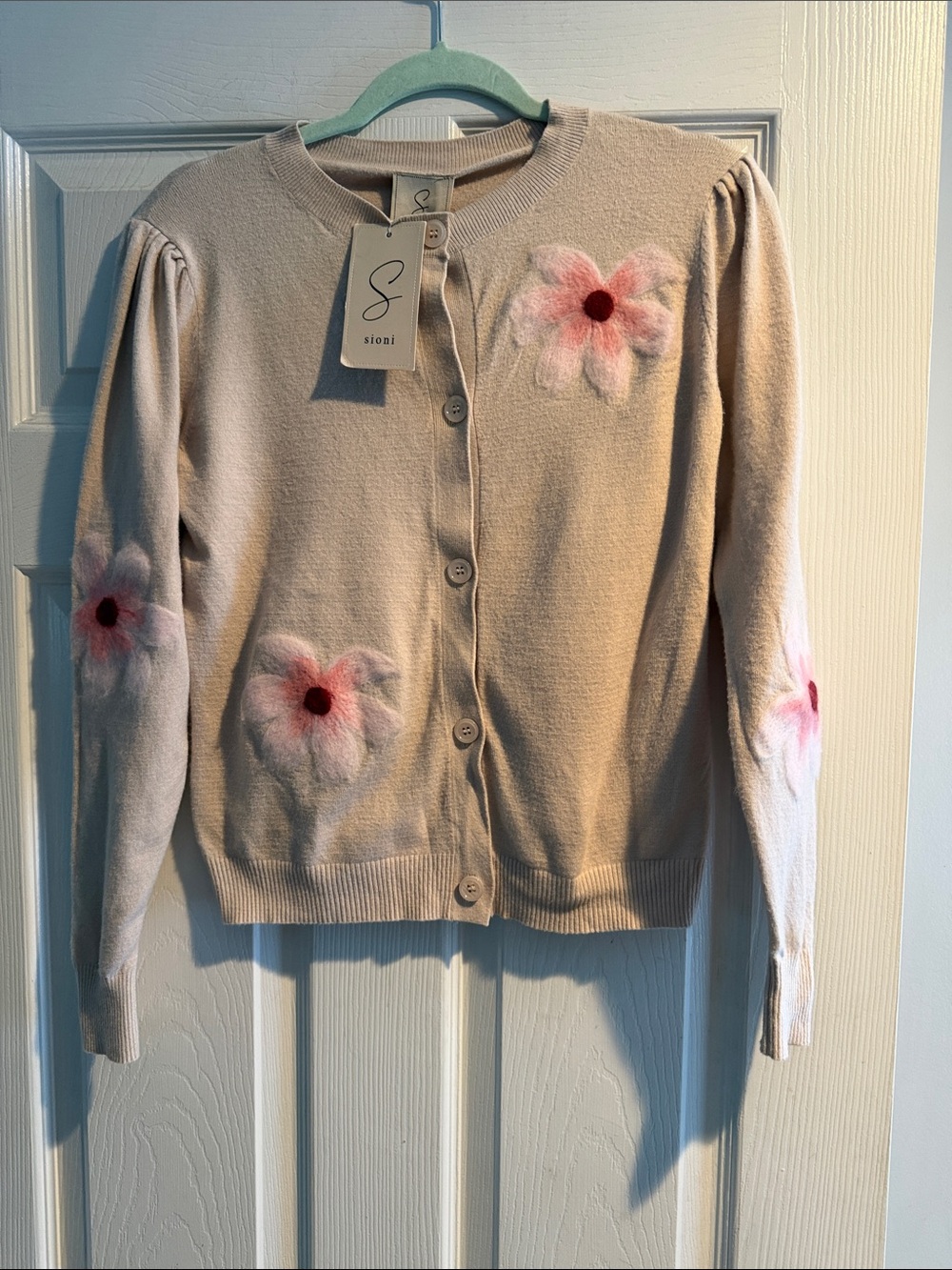 Sioni Cream Cardigan with Pink Floral Appliqués